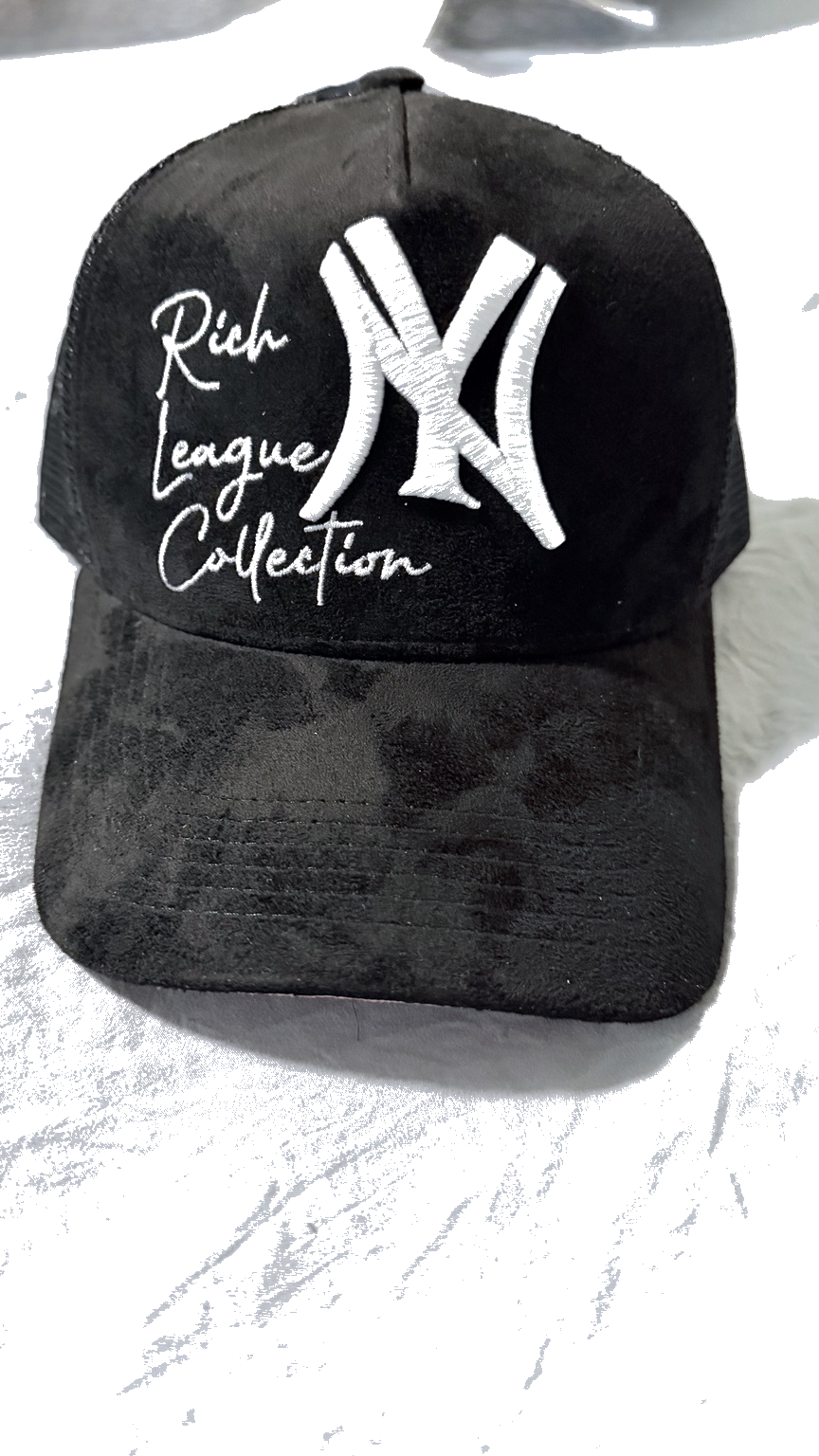 Suede Rich League Collection x NY logo SnapBack black with pink salmon brim