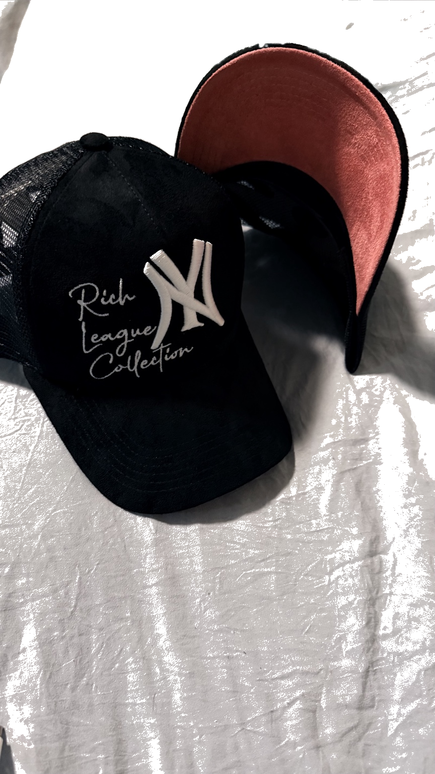 ￼Suede Rich League Collection x NY logo SnapBack black with pink salmon brim